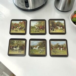 Vintage Pimpernel Tally Ho Set of 6 Coasters Fox Hunting Scenes Cork Backed New